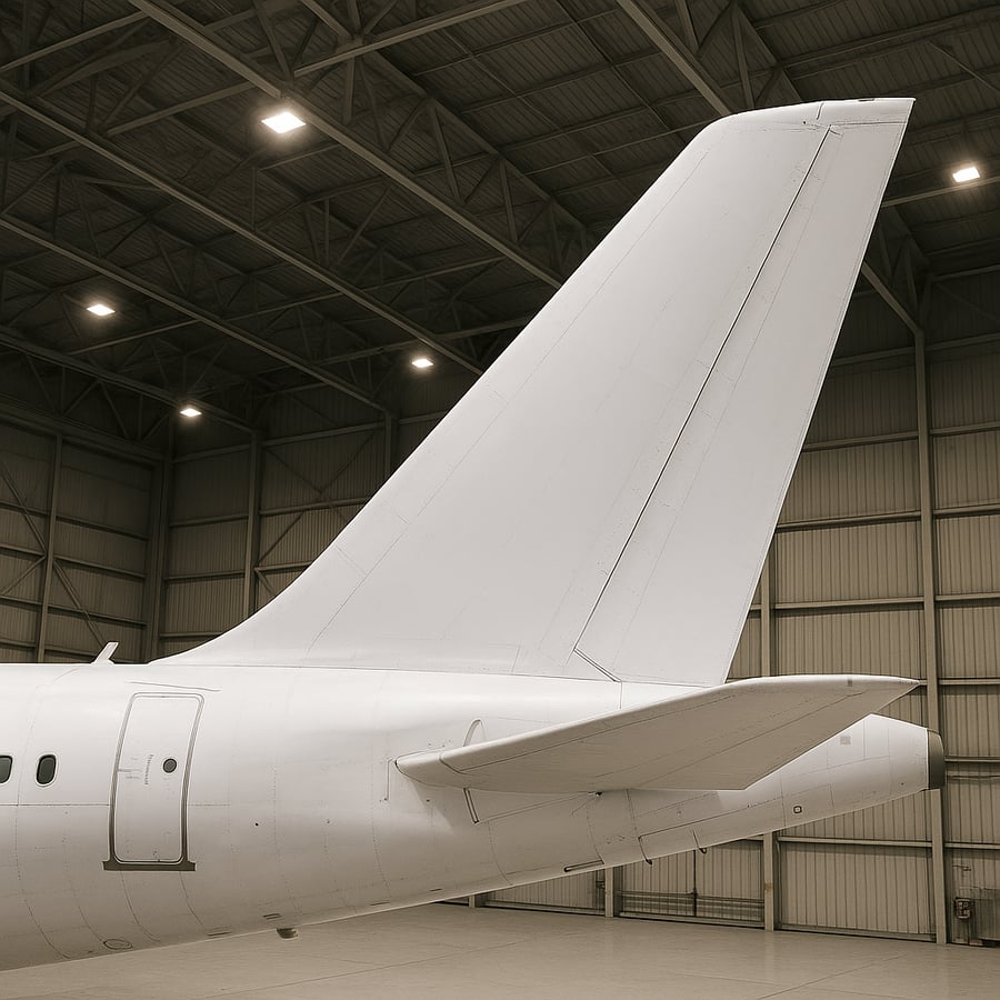 Airplane tail close up in white