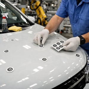 fiducial targets being added to a car hood in manufacturing to prepare for offline measurements-1